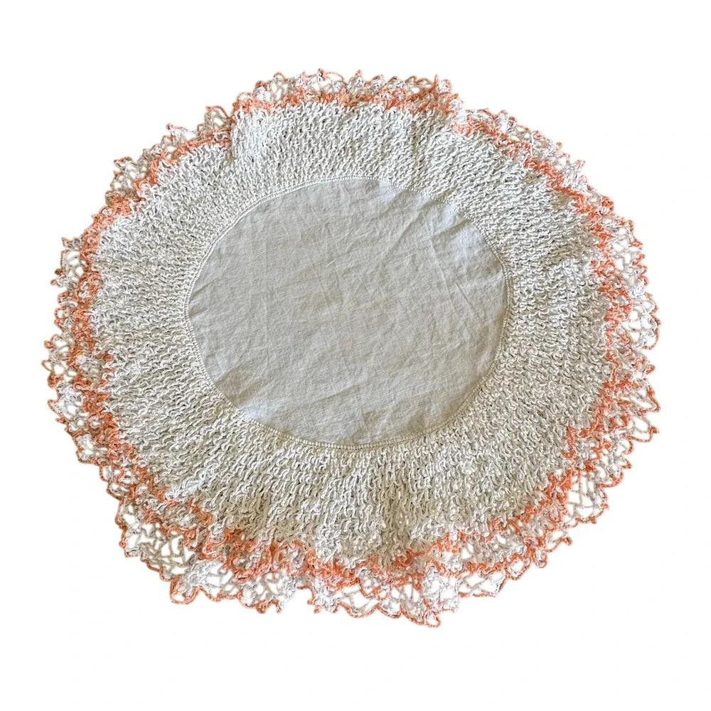 VNTG Cottagecore Shabby Chic Round Doily Peach White Crochet Layered Edge Trim
